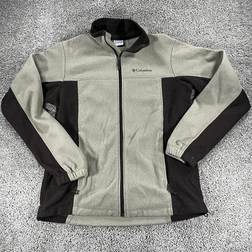 Columbia‎ Mens Fleece Jacket Full Zip Colorblock Tan Brown Mock Neck Size M